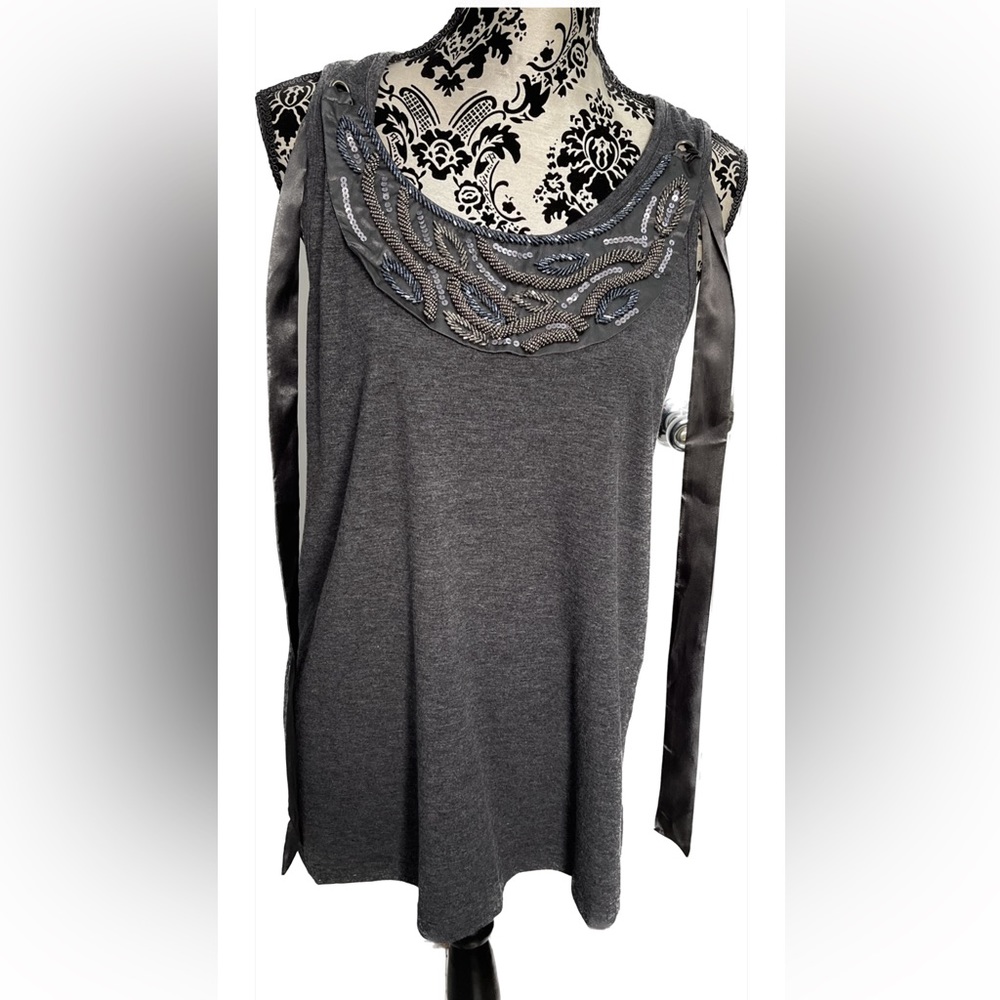 Dark Gray Embellished Neckline Tank Top Size: L